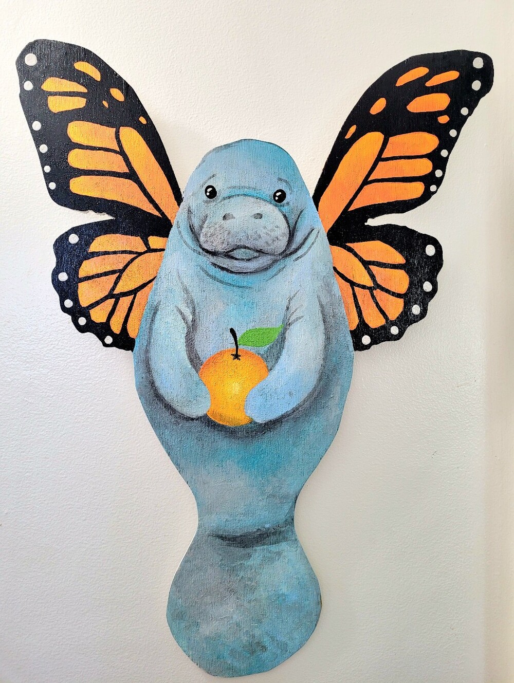 19x26 Blue Manatee with Orange Butterfly Wings Wall Décor Wood Cut Out